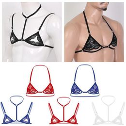 Mens Erotic Sissy Lace Lingerie Halter Neck Nipple Adjustable Spaghetti Straps Wire- Unlined Mini Bra Tops For man2238