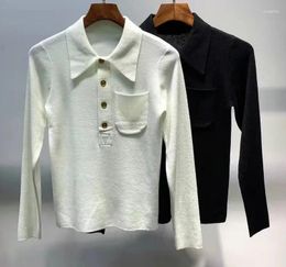 Women's Sweaters & Pullovers 2023 Autumn Winter White Black Jumpers High Quality Ladies Pocket Deco Long Sleeve Tops Outfit