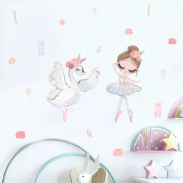 Wall Stickers Cartoon White Ballerina Girl Swan Flower Wall Stickers for Kids Room Baby Girls Room Decoration Wall Decals Room Interior 231020