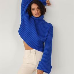 Women's Sweater y2k Blue Sweater Knit Ribbed Pullover Long Sleeve Turtleneck Loose Crop Top for Casual Streetwear Warm Clothings 231020