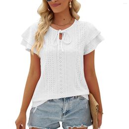 Women's Blouses 2023 Summer Elegant Fashion Clothing Casual Pink White Black Office Hole Out Lace Up Double Sleeve Tops