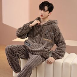 Men's Sleepwear Flannel Pyjamas Men's Set Autumn Winter Coral Fleece Long Sleeve Hooded House Clothes Male Home Wear Warm Suit 231021