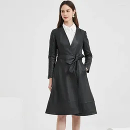 Women's Leather 2023 Spring Women Long Trench Coat Office Ladies Belted Genuine Jacket Autumn Windbreaker Elegant Natural Sheepskin