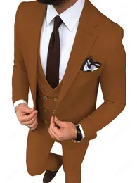 Men's Suits One Button Men Brown Groom Tuxedos Notch Lapel Groomsmen 3 Pieces Wedding Set ( Jacket Pants Vest Tie ) D284