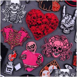 Sewing Notions Red Heart Punk Skl Embroideredes For Clothing Melt Glue Sticker Hip Hop Rock Iron On Clothes Skeleton Drop Delivery