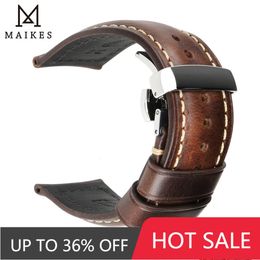 Watch Bands Maikes Handmade Genuine Leather Watchbands 18mm 20mm 22mm 24mm Universal Butterfly Buckle Watch Strap Brown Men Smart Watch Band 231020