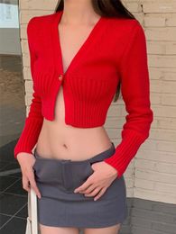 Women's Sweaters ZCSMLL Korean Red V-Neck Long Sleeve Knitted Cardigan Slim Vintage Short Sweater 2023 Autumn Winter Fashion Women Tops