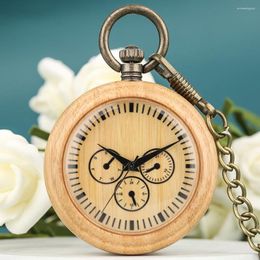 Pocket Watches Bamboo Wood Quartz Watch Fake Three Eye Scale Dial Wooden Pendant Retro Clocks Gifts Neutral Thick Chain