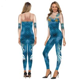 Women Mermaid 3D Digital Printing Jumpsuit Tight Long Sleeve Elastic Bodysuit Cosplay Costume Zentai Suit