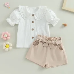 Clothing Sets Girls Summer Outfit Fashion Kid Children Solid Color Short Puff Sleeve Doll Collar Shirt Belted Shorts