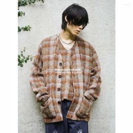 Men's Sweaters Firmranch Brown Checked Plaid Mohair Cardigan For Men Women V-neck Wool Coat Autumn Winter Sweater Jackets