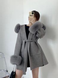 Women's Wool Blends Woollen Coat Oversize Ladies Outerwear Winter Women Natural Fur Collar Cuffs Jacket Hood Cashmere Wool 231020
