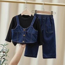 Clothing Sets Fashionable Baby Girls Denim Suit Spring 2023 Korean Style Round Neck T-shirts Suspenders Wide Leg Pants Cute 3pcs Set