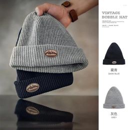 Berets Maden Winter Knitted Wool Caps Men's Vintage All-match Melon Skin Hat Thick Casual Bonnet Unisex Cap Warmer Female Beanie Hats