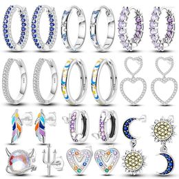 Hoop Earrings 925 Silver Earring For Woman Feather Heart Moon Zircon Stud Pendientes Original Fashion