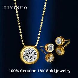 Pendant Necklaces TIYINUO Real 18K Gold AU750 One Diamond Pendant Collarbone Necklace Stud Earrings Fine Jewellery For Woman Betrothal Gift 231020