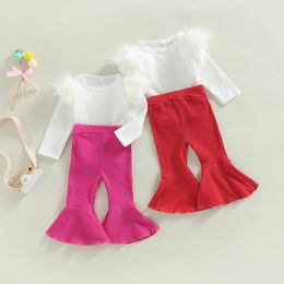 Clothing Sets Kid Girls Autumn Set Long Sleeve Crew Neck Fluffy Patchwork Knit Ribbed T-shirt Solid Colour Flare Pants