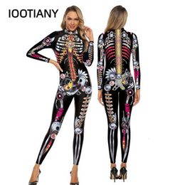 Punk Style Steam Skeleton Pattern Print Sexy Women Jumpsuit Cosplay Costumes Skinny Fashion Party Bodysuit Monos Mujer