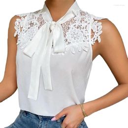 Women's Blouses Elegant Embroidery Lace Shirt Women Up Bow Sleeveless White Blouse 2023 Fashion Casual Flower Chiffon Tops 25723