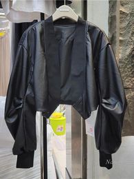 Women's Leather European Street Short Jacket Women Spring Fall Loose Top PU Jackets Personalised Open Coat Long Sleeve 2023