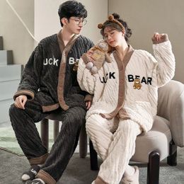 Women's Two Piece Pants Kawaii Bear Winter Sleepwear Couple Pyjamas Set Women Men Button Cardigan Lovers Nightgown Pijama Loose House Clothes 231021