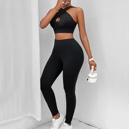 Women's Two Piece Pants Summer Solid Colour Cross Neck Top Set Sexy Style Pant Lift Hip Show Body For Women Deportivo Woman Clothes Outfit
