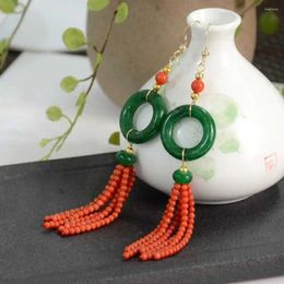 Dangle Earrings Natural Green Jade Red Coral Beads Circle Fringe Classic Beautiful Ear Stud Accessories Hook Lucky Halloween CARNIVAL