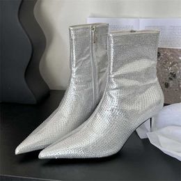 Fashion Sexy Crystal Zipper Sewn Ankle Boots Womens Pointed Toe Thin Heels Western Party Dress Zapatos 230922
