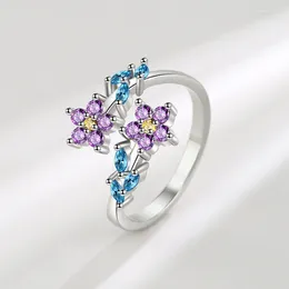 Cluster Rings Zircon Flowers And Leaves Ring For Women Silver Plated Stainless Steel Leaf Wedding Christmas Aesthetic Jewerly Bff