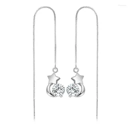 Stud Earrings Simple Female 925 Silver Needle Star Moon Round Zircon Long Tassel For Women Earline Wedding Jewellery Gift