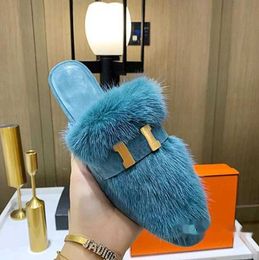 Mink Hair Shoes Fashion leisure Winter Plush Slippers Indoor Hotle Warm Fur Sandals For Women Slides quality Size 35-40