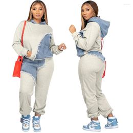 Women's Two Piece Pants Women Splicing Denim Sets Tracksuit Oversized Suit Autumn Pullover Sweatshirts 2 Set Female Korea Trouser