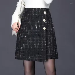 Skirts Plus Size S-3XL Women Short Plaid Skirt Spring Autumn Winter Fashion Split Tweed Woollen Thick Slim A Line Pencil Mini