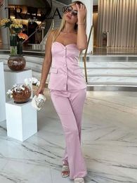 Women's Suits Blazers TRAFZA Sleeveless Off Shoulder Tube Top Slim Single Breasted Blazer Pants Simple All-match Straight Trousers Set 231020