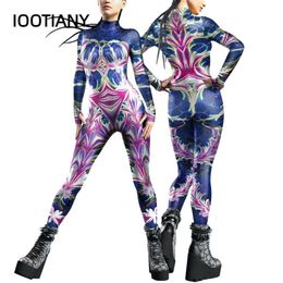 Flower 3D Print Catsuit Woman Front Zipper Jumpsuit Zentai Bodysuit Party Costume Female Cosplay Outfit Monos Mujer