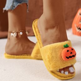 Halloween pumpkin white Fleece upper head slippers soft plush open toe wearing plush drag girl flip-flops Designer Slide Beach Shoes size 36-41