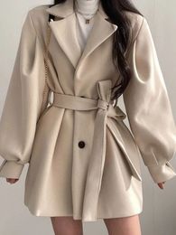 Women's Wool Blends Korean Thick Female Trench Warm Jackets Turndown Collar Long Puff Sleeve Clothes Autumn Elegant Belt Coat Women Chic Midi Top 231020