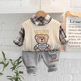 Pullover kids designer clothes plaid collar bear pullover baby boy Sweaters knitwear Jumper Fake two pieces children coat Q231021