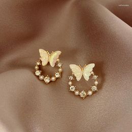 Stud Earrings Elegant Rhinestone Butterfly Pearl For Women Girls Romantic Circles Gold Colour Metal Accessories Jewellery Gifts