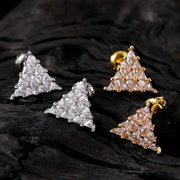 18K Gold Hip Hop Bling Zirconia Triangle Stud Earrings Unisex Diamond Earrings Studs Hip-hop Style Jewelry Gift