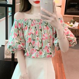 Women's Blouses Summer Short Lantern Sleeve Shirt Sexy Slash Neck Off Shoulder Tops French Style Sweet Floral Print Blouse Women Clothes
