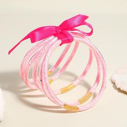 Charm Bracelets Amorcome Sequins Glitter Filled Jelly Silicone PVC Plastic Ribbon Bowknot Buddhist Bangle For Women Girls Pink Colour