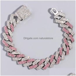 Chains Hiphop Pink Crystal 14Mm Rhombus Prong Cuban Link Chain Necklace For Women Fl Rhinestones Pave Iced Out Jewelrychains Dht2E