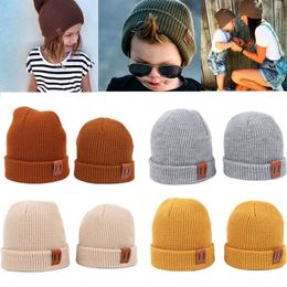 Fall Winter Parent-child Beanie Hats Classic Knitted Mother-Child Beanie Plain Leather Label Pure Colour Keep Warm Knitted Hats Pink Red Beige Black Grey Yellow