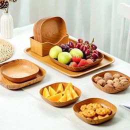 Plates Kitchen Wood Grain Plastic Square Tray Plate Dried Fruit Cake Snack Tableware Bowl Dish Dinnerware