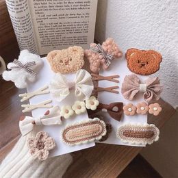 Hair Accessories 2023 Autumn Winter 9Pcs/Set Cute Plush Bear Bowknot Hairpin Children Baby Girl Clip Flower Knitted Kid