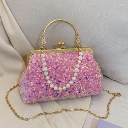 Evening Bags 2024 Style Clip Top Women's Bag Niche Fashion Simple Foreign Shell Pearl Chain Portable Shoulder Crossbody