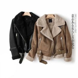 Womens Leather Faux Winter Thick Parka Warm Suede Lamb Fur Jacket Women Shearling Sheepskin Jackets Outwear Short Motorcycle Biker Coat 231021