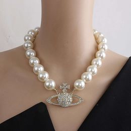 Vivian Empress Necklace Western Dowagers Large Pearl Necklace Female Sparkling Diamond Saturn Planet Clavicle Chain Vivian Choker Versatile Light Luxury Neckcha