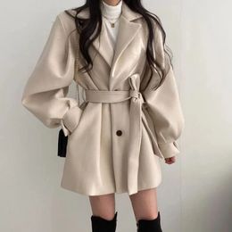 Women's Wool Blends ITOOLIN Women Lace-up Trench Coat With Pockets Woollen Turn-down Collar Buttons Long Sleeve Coat Overcoat For Women Autumn Winter 231020